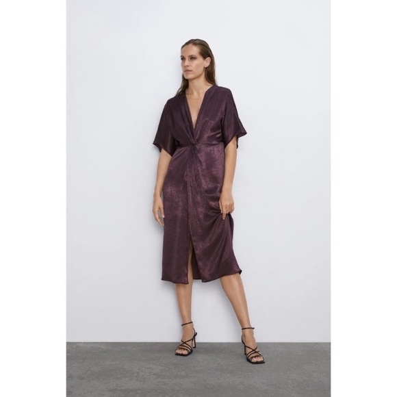 Zara Brown Satin Sheen Cocktail Midi Dress, Size Small - Picture 2 of 8